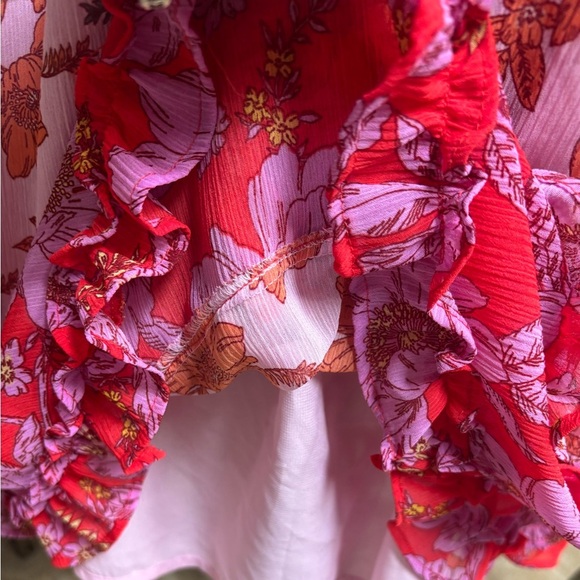 JESSICA SIMPSON PINK & ORANGE RUFFLE FLORAL PRINT OFF SHOULDER MINI DRESS SZ L - Picture 5 of 11